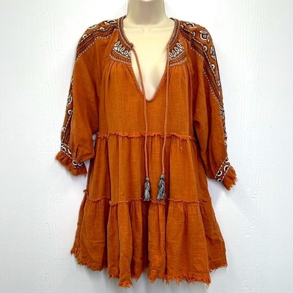 Free People - Dream Weaver Boho Frayed Terracotta 3/4 Sleeve Pocket Blouse Small - Picture 2 of 15